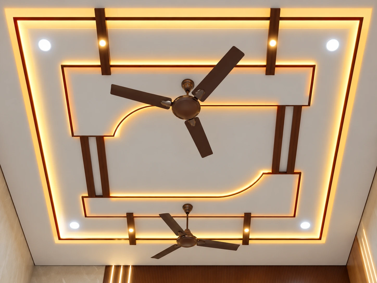 Warm wood geometric PVC down ceiling with layered lighting